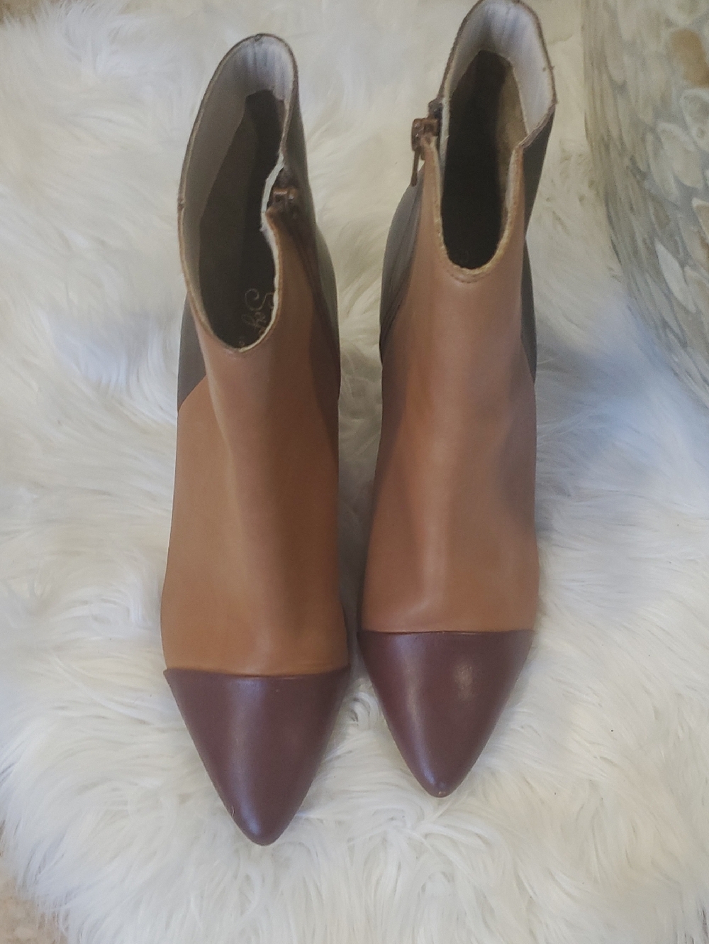 Seychelles Two-Tone Brown and Tan Pointed Toe Ankle Booties